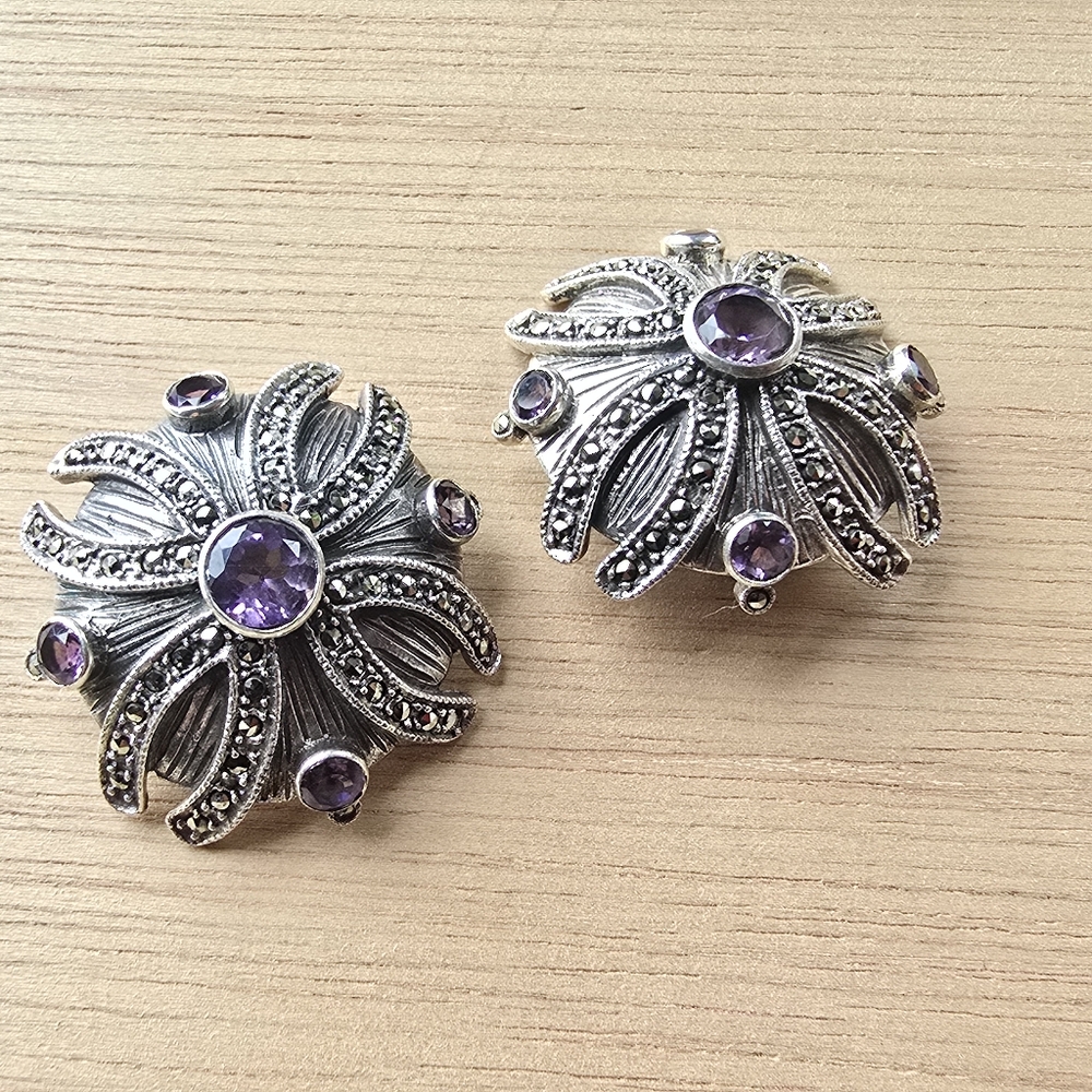 Vintage Amethyst & Marcasite Domed Sterling Silver Clip-On Earrings 925